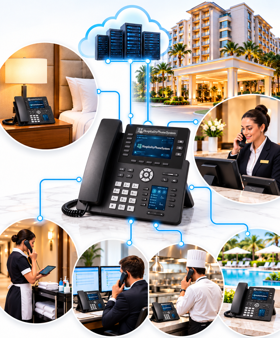 Hotel phone system connecting guest rooms, reception and hotel departments